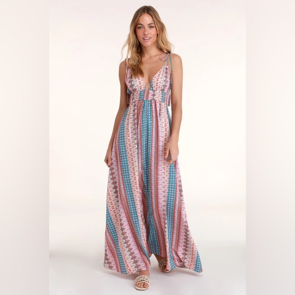 Lulu’s blue multi print sleeveless tie-strap maxi dress